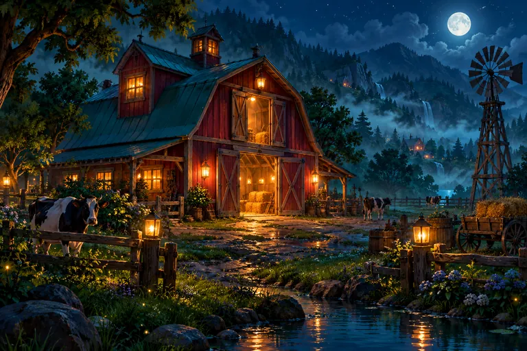 Original illustration of a night farm, not a gameplay screenshot
