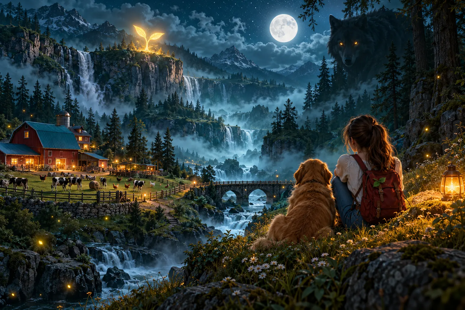 Original illustration of a moonlit farming valley; not an in-game map or screenshot